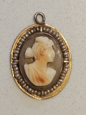 Antique Victorian 14k Gold Seed Pearl Hand Carved Shell Cameo Charm Pendant